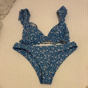 Blue Floral Ruffle Bikini Set
